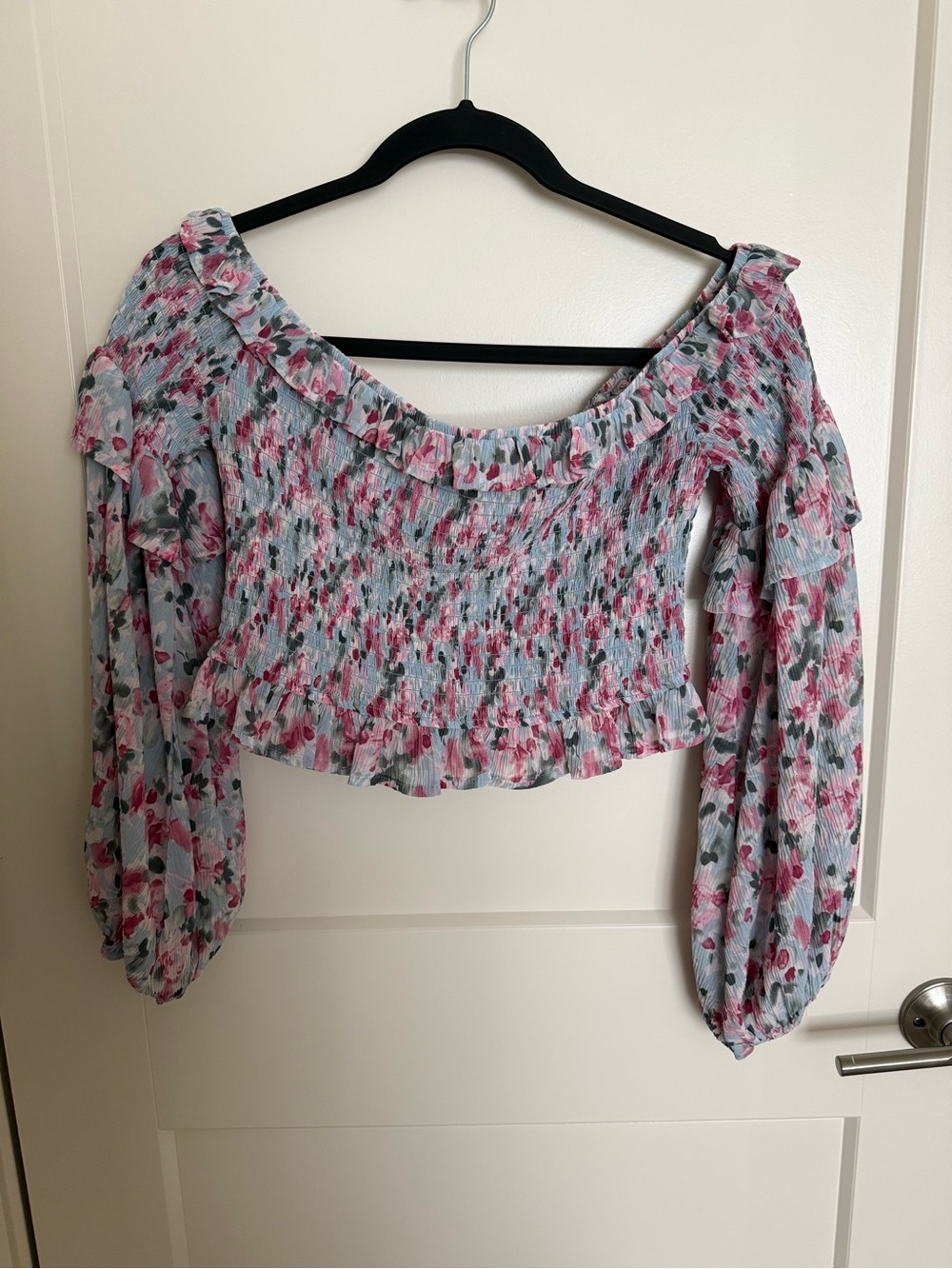 Lulus Floral Off-Shoulder Smocked Crop Top - Pink/Blue